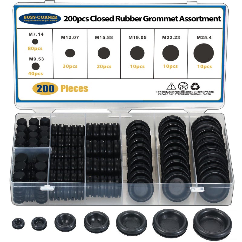 BUSY-CORNER 200 PCS 7 Sizes Rubber Grommet Assortment Firewall Solid Closed Hole Plug for Wire Electrical Appliance Plumbing - Image 1